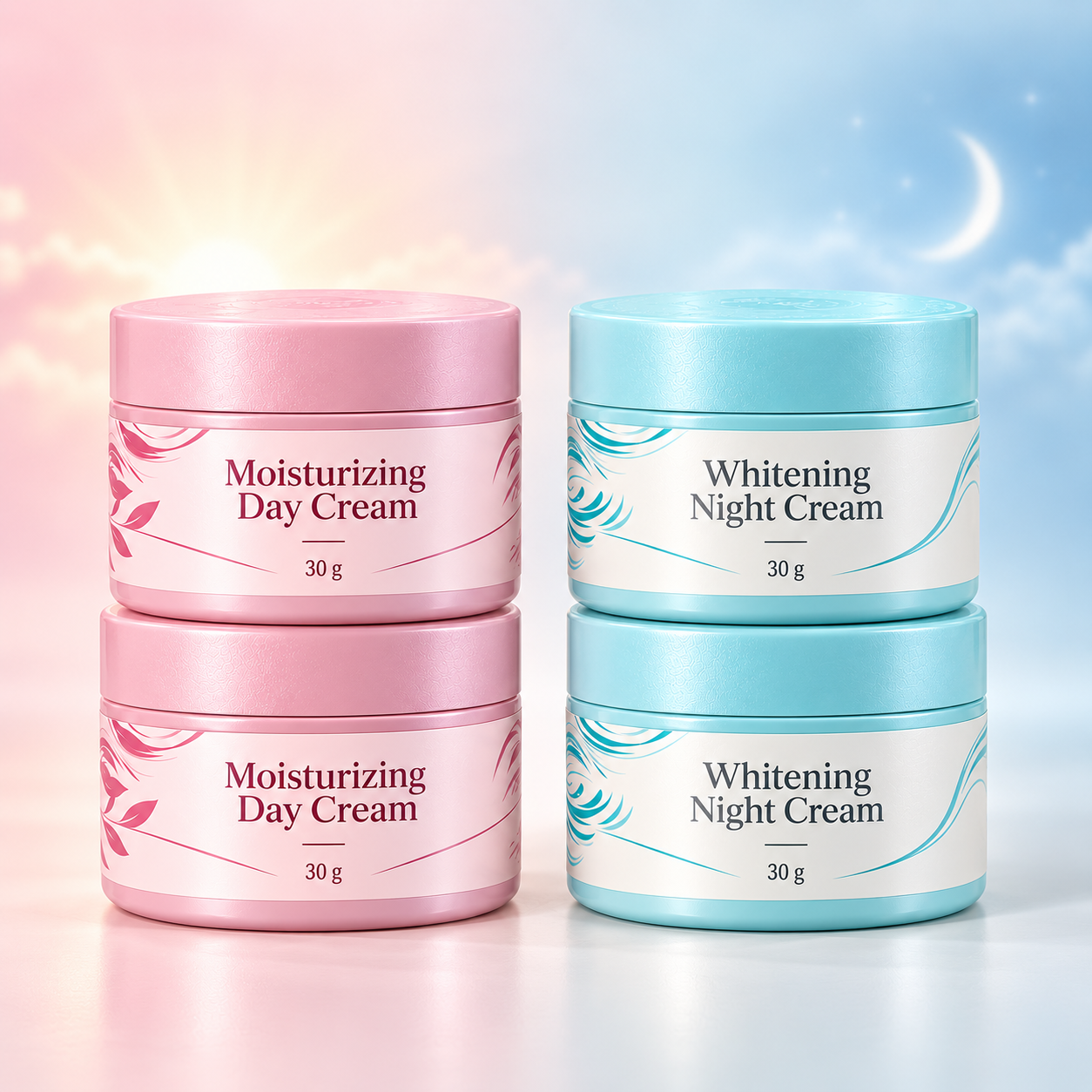 Seti yenye Moisturizing Day Cream mbili na Whitening Night Cream mbili