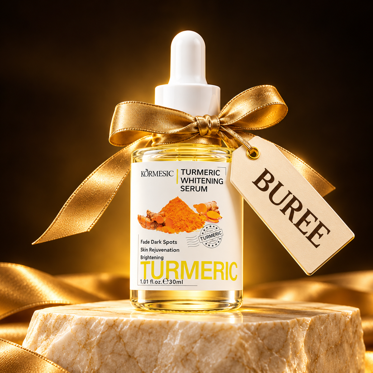 Turmeric serum ikiwa na ribbon ya dhahabu na tag ya BUREE