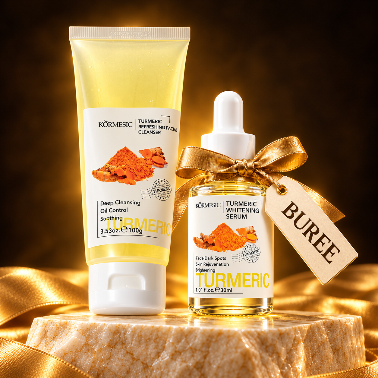 Turmeric Cleanser pamoja na zawadi ya Turmeric serum yenye ribbon na tag ya BUREE