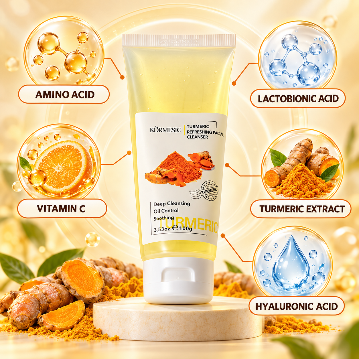 Turmeric Refreshing Facial Cleanser ikiwa imezungukwa na viambata vyake vitano muhimu