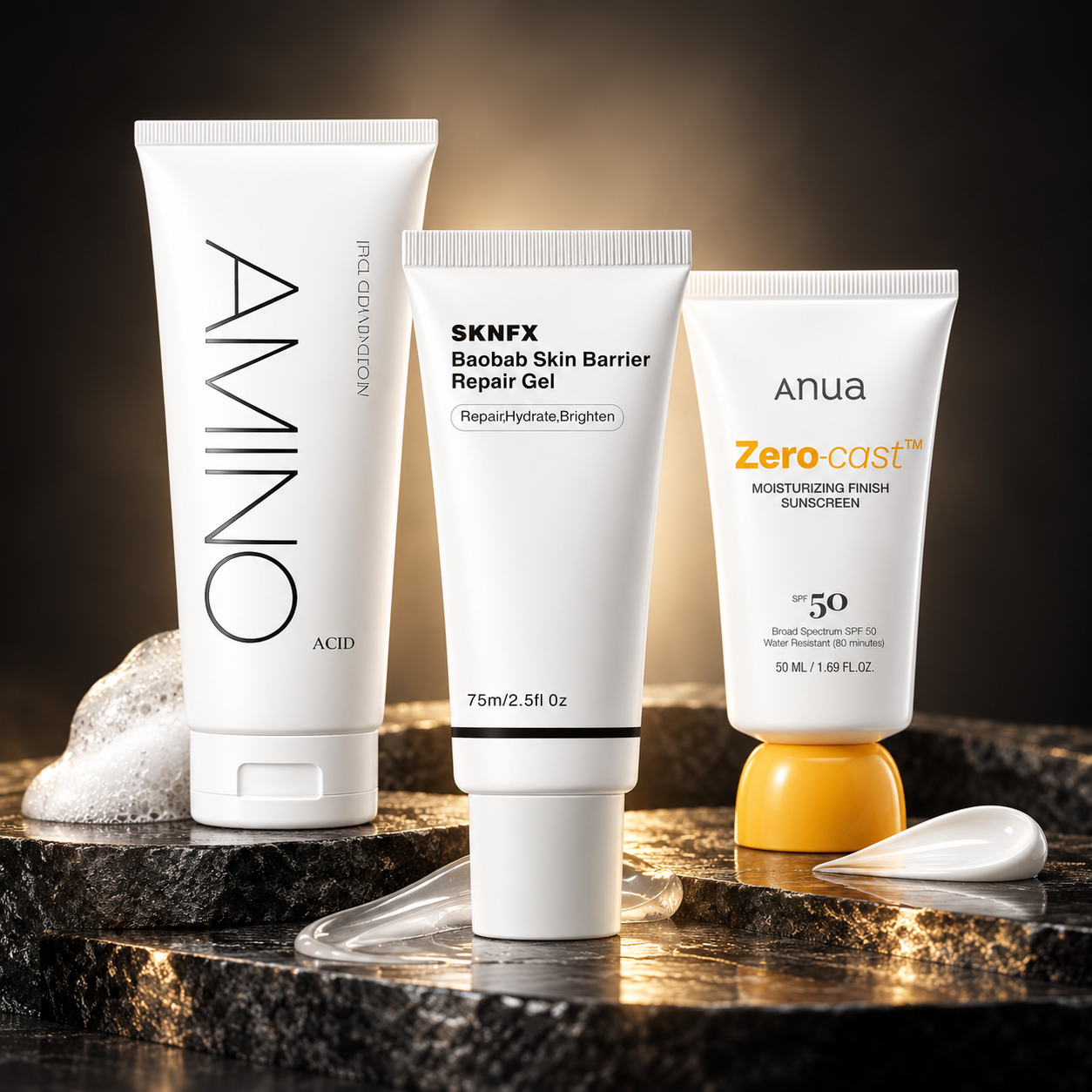Seti ya AMINO Acid Facewash, SKNFX Barrier Repair Gel na Anua Zero Cast Sunscreen