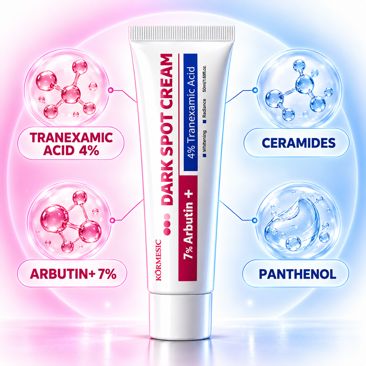 Darkspot Cream ikiwa imezungukwa na Tranexamic Acid, Arbutin, Ceramides na Panthenol
